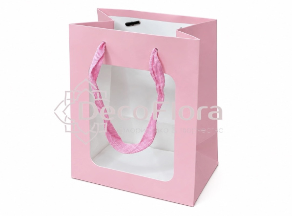 Пакет подарочный для цветов с окошком 15*20*10см розовый